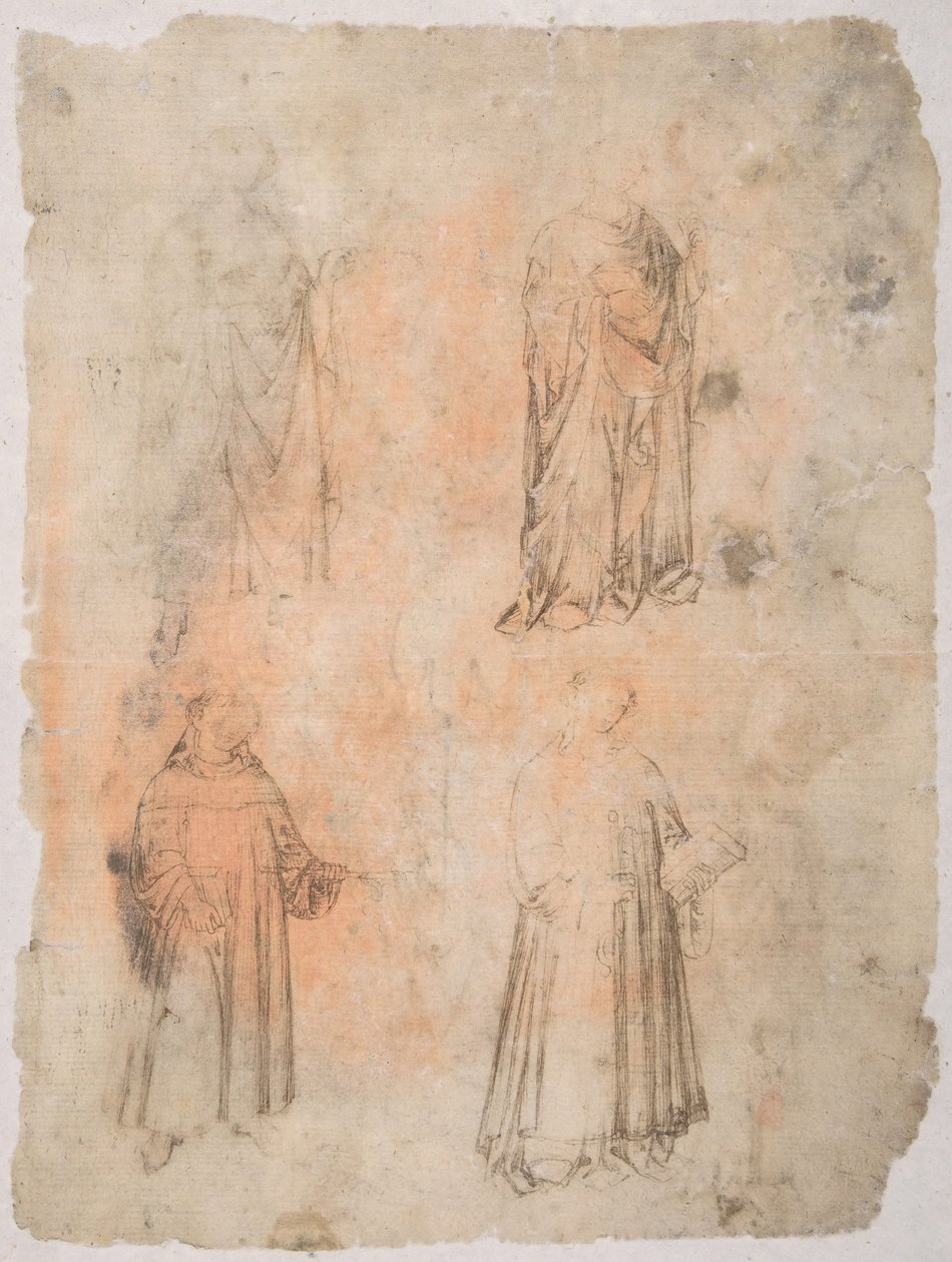 Fyra heliga recto, två heliga, sittande madonna och knästående figur a tergo, 1300-talet. av Unbekannt