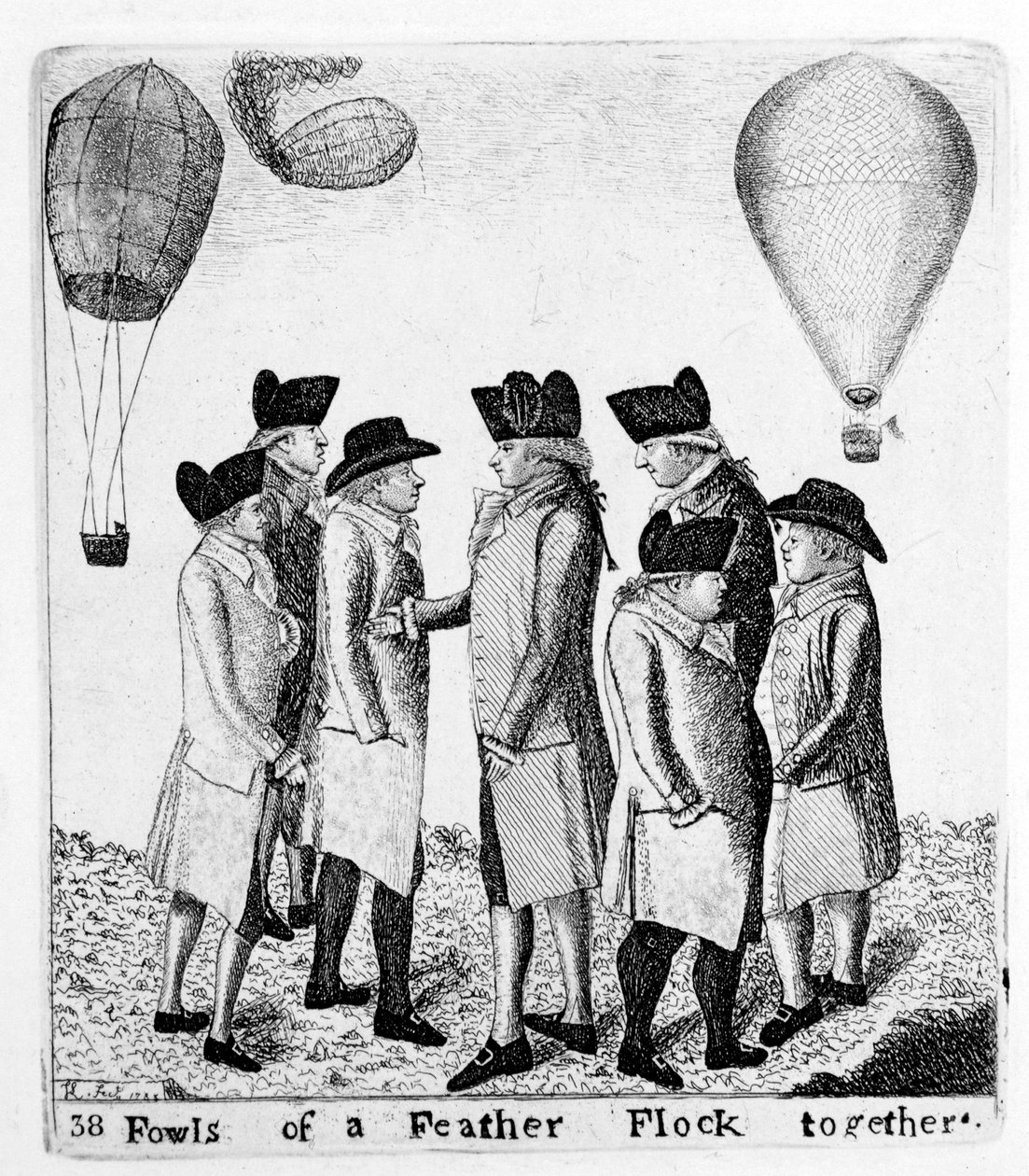 Fowls of a Feather flock tillsammans, en grupp aeronauter, c1785 av Unbekannt