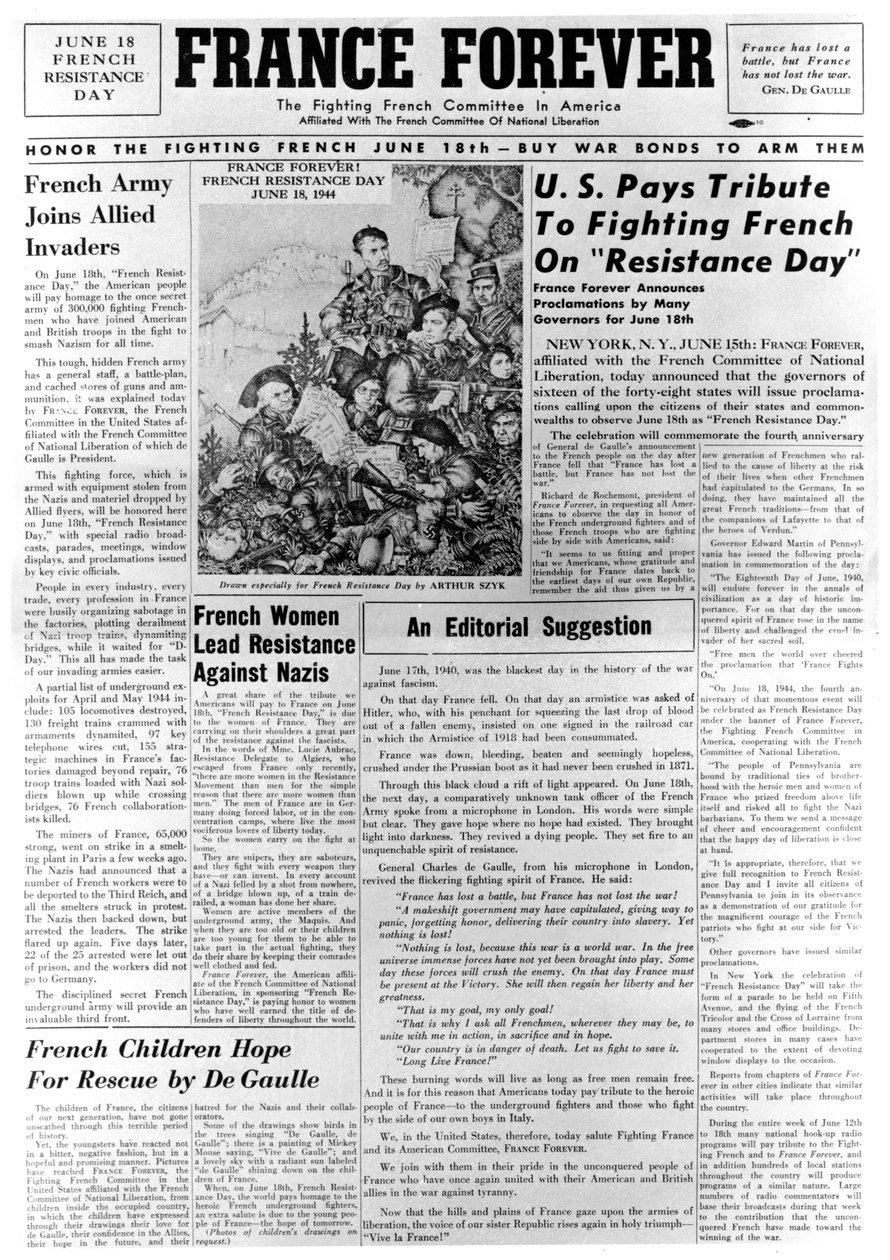 France Forever, tidning, 18 juni 1944 av Unbekannt