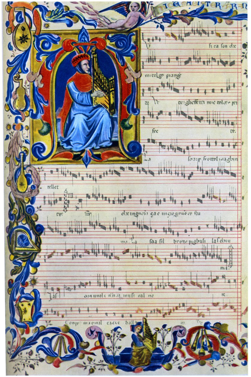 Francesco Landino spelar en portativ orgel, 1325 - 1397 av Unbekannt