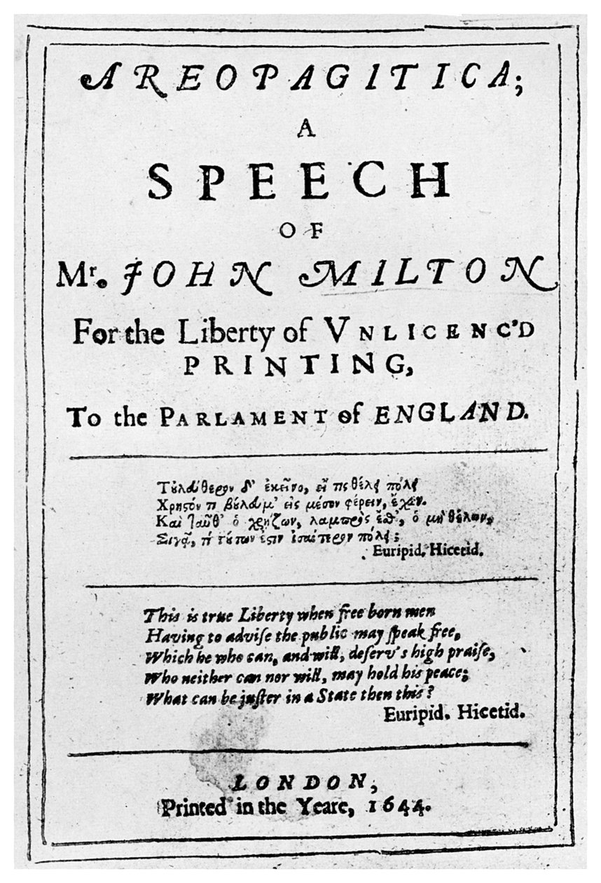 Pressfrihet: titelsida från Areopagitica av John Milton, 1644 1956 av Unbekannt