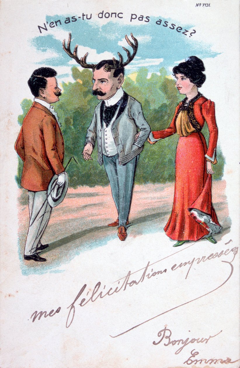 Fransk äktenskapsbrott karikatyrvykort, c1900 av Unbekannt