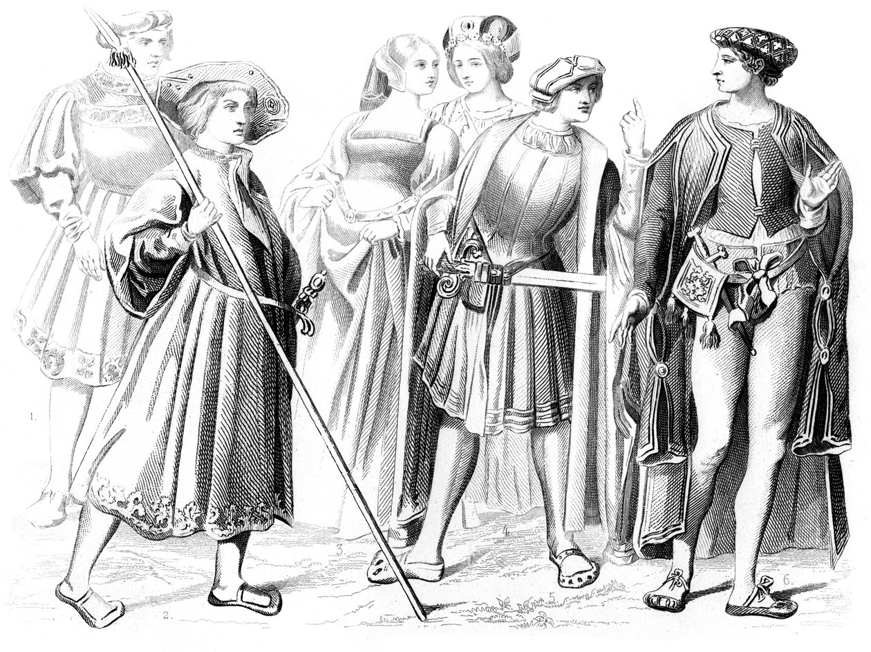 Franska adelsmän och kvinnor, en gardets yeomen och en gentleman, 1400-talet 1849 av Unbekannt