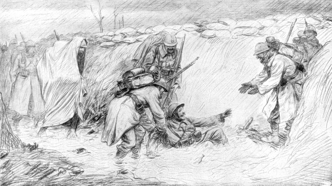 Franska soldater som ser den roliga sidan av att falla i leran, första världskriget, 1916, 1926 av Unbekannt