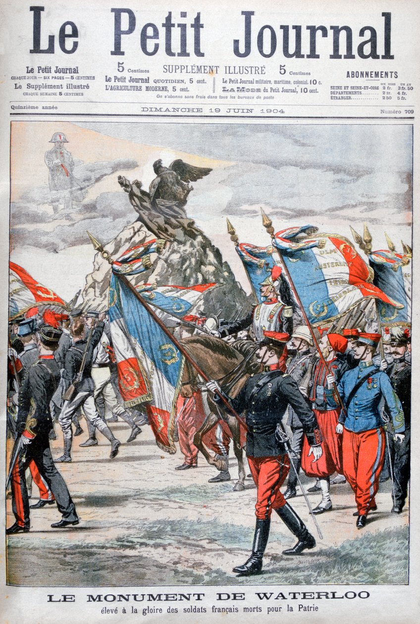 Franska trupper paraderar förbi monumentet till slaget vid Waterloo, 1904 av Unbekannt