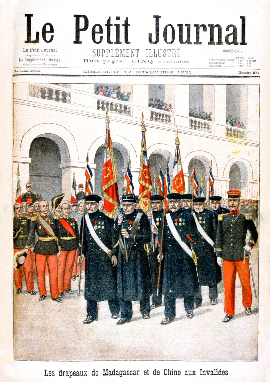 Franska krigsveteraner som bär flaggor från kampanjerna på Madagaskar och Kina, 1901 av Unbekannt