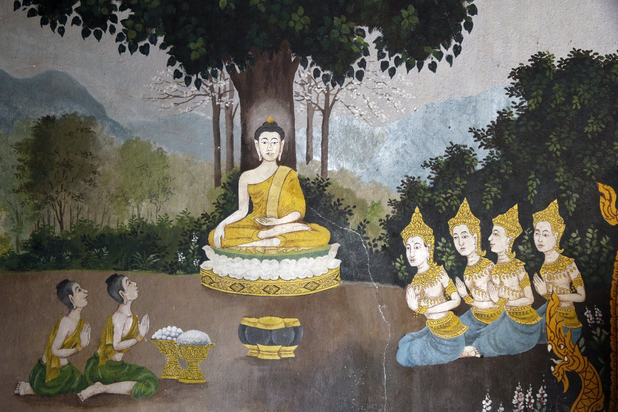 Fresk som visar en scen av Buddhas liv i Wat Phra Doi Suthep, Chiang Mai. Buddha tar emot allmosor. Thailand av Unbekannt
