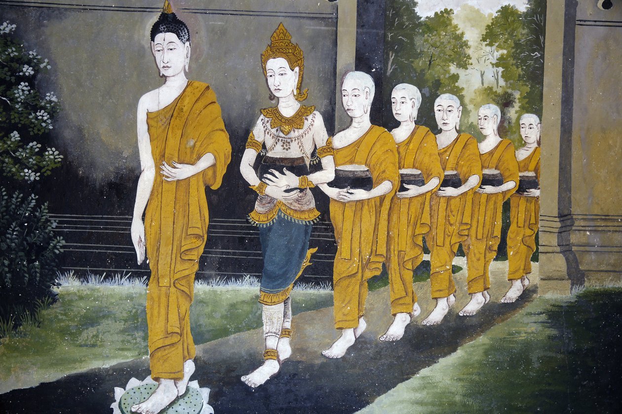 Fresk som visar en scen av Buddhas liv i Wat Phra Doi Suthep, Chiang Mai. Buddha och munkar på en alm runda. Thailand av Unbekannt