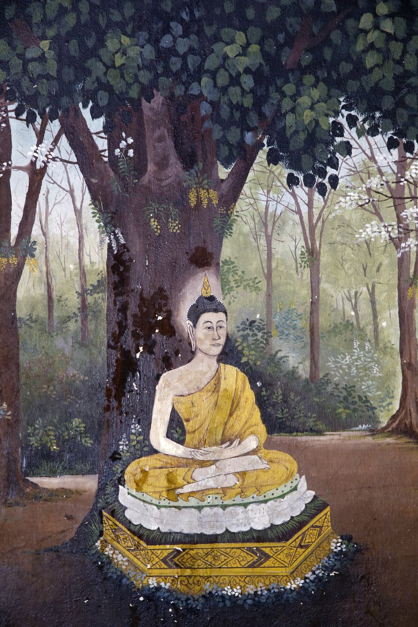 Fresk som visar en scen av Buddhas liv i Wat Phra Doi Suthep, Chiang Mai. Buddha som mediterar under ett träd. Thailand av Unbekannt