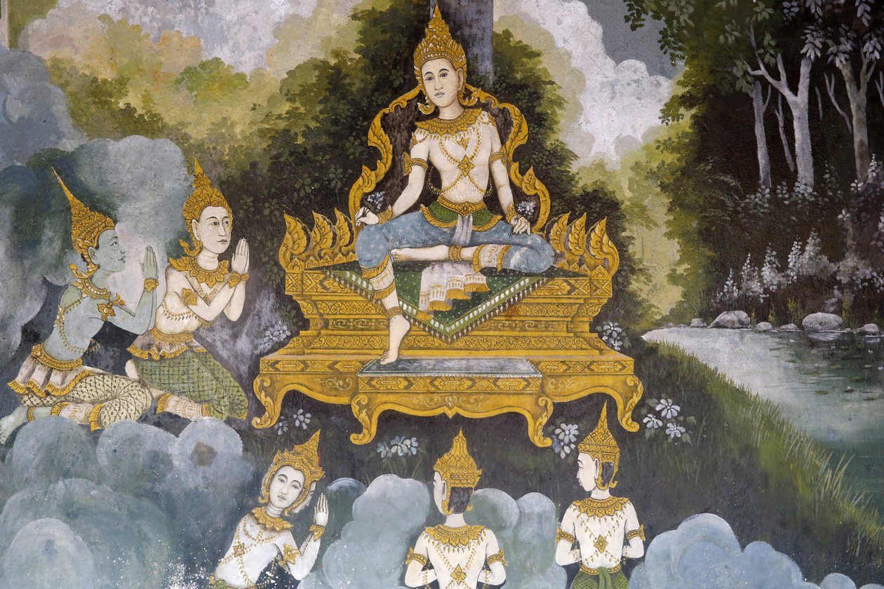 Fresk som visar en scen av Buddhas liv i Wat Phra Doi Suthep, Chiang Mai. Thailand av Unbekannt