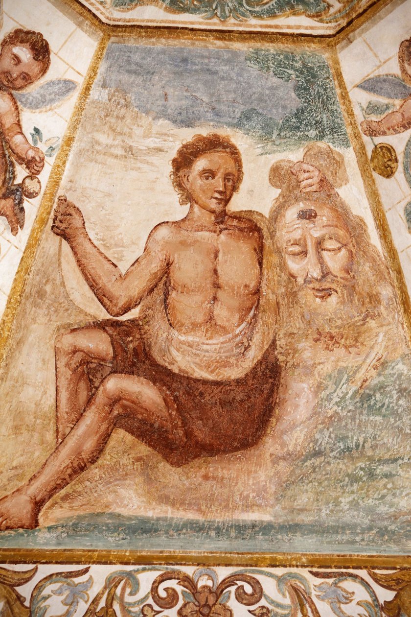Fresk i den dominikanska kyrkan, Muro Leccese, Apulien: man som håller Johannes Döparens huvud, Muro Leccese, Italien av Unbekannt
