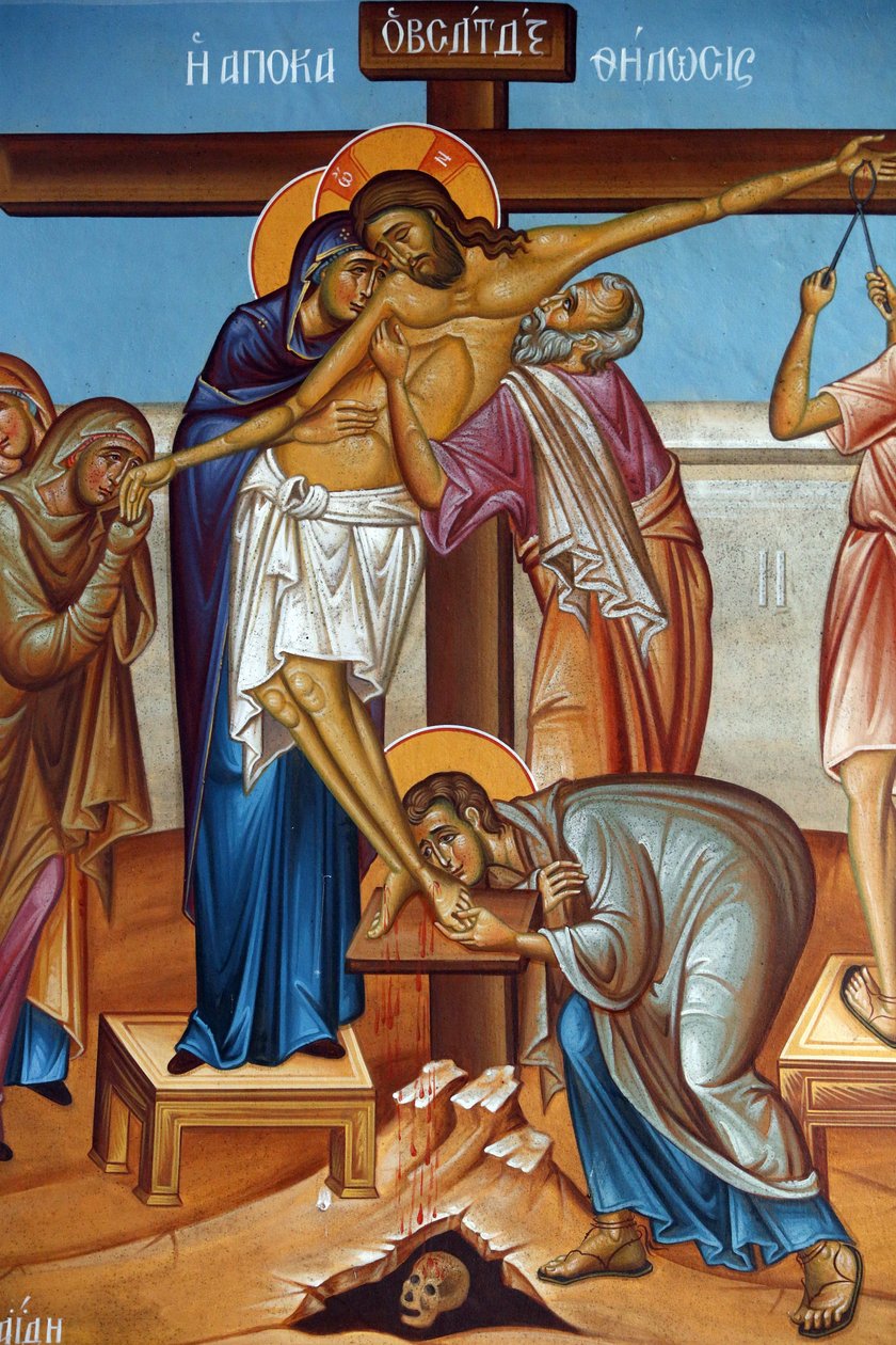 Fresk i helig korskyrka, Pedoulas. Klagomål kring Jesus Kristus på korset, 20150510, Pedoulas, Cypern av Unbekannt