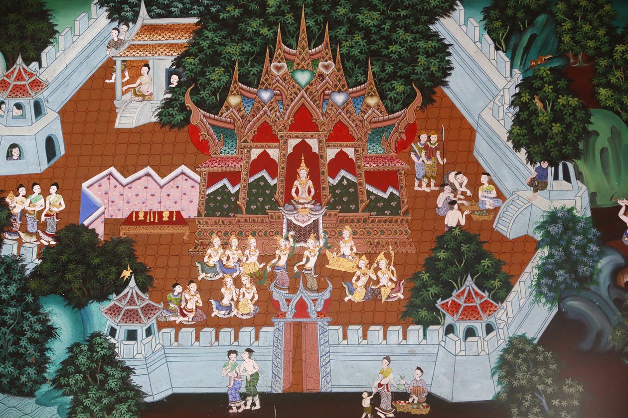 Fresker i Wat Ampharam, Hua Hin, Thailand. Temiya Jataka, även känd som Muga-Pakkha Jataka, är ett av Buddhas tidigare liv. av Unbekannt