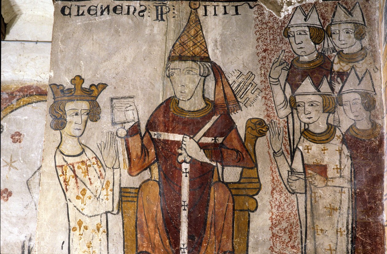 Fresk av Ferrande-tornet i Pernes-les-Fontaines (Pernes les Fontaines, Vaucluse (84)) från 1200-talet: Karl I av Anjou (1226-1285) investerades i kungariket Sicilien den 28/06/1265 av påven Klemens IV (v. 1195-1268). av Unbekannt