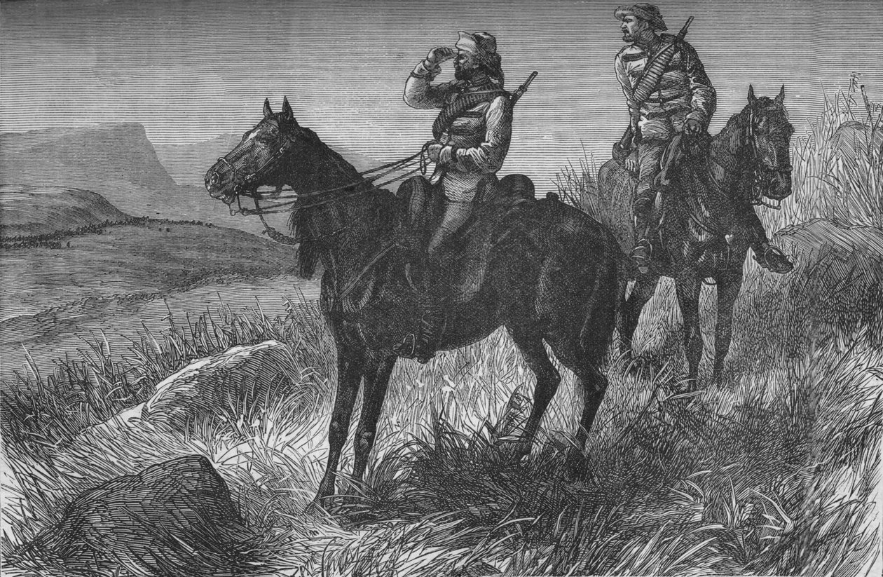 Frontier Light Horse, på Vedette Duty, Upptäck Zulus nära Woods Camp, på Kambula Hill, c1880 av Unbekannt