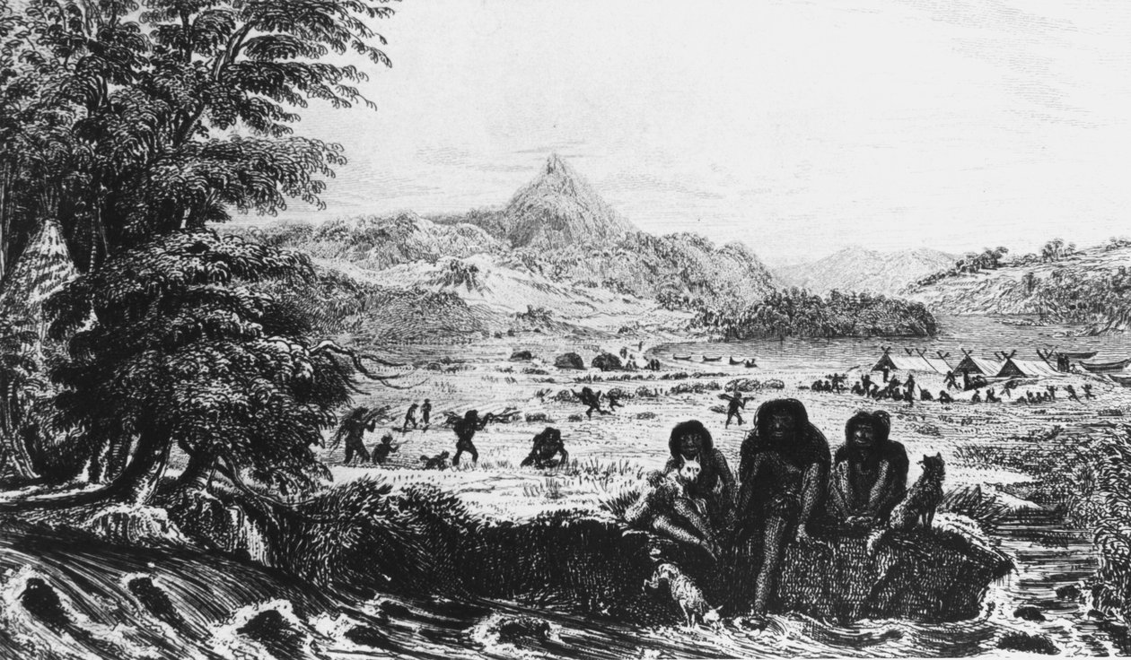 Fuegians i Woollya, med Fitzroys expeditionsläger i bakgrunden, 1831 1839 av Unbekannt