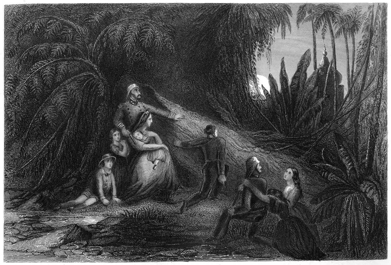 Flyktande officerare, med sina familjer som gömmer sig i djungeln, 1857, c1860 av Unbekannt