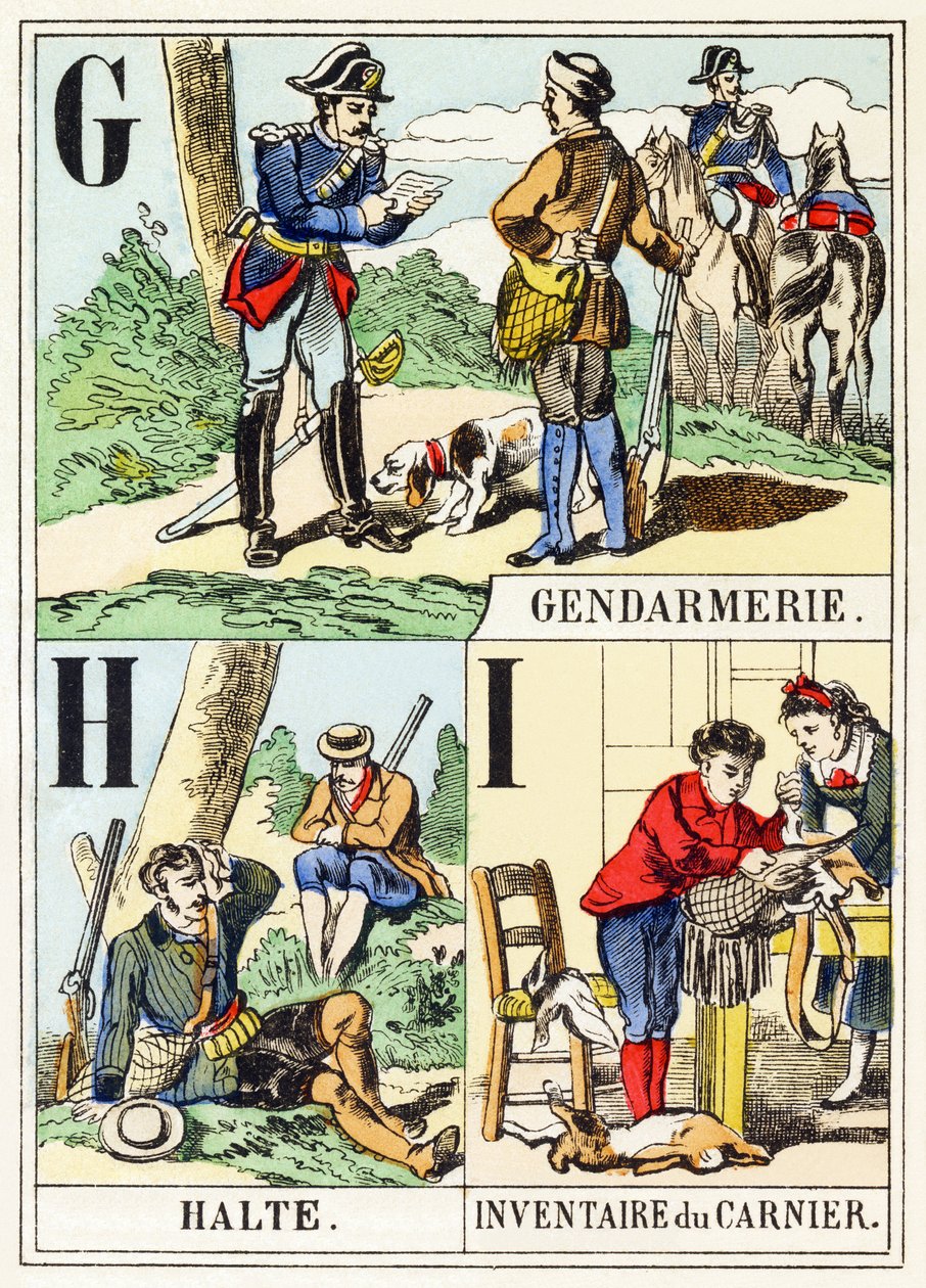 G H I: Gendarmerie, Halte, Inventaire du gamenier - The Hunting Alphabet, c.1890 (gravyr) av Unbekannt