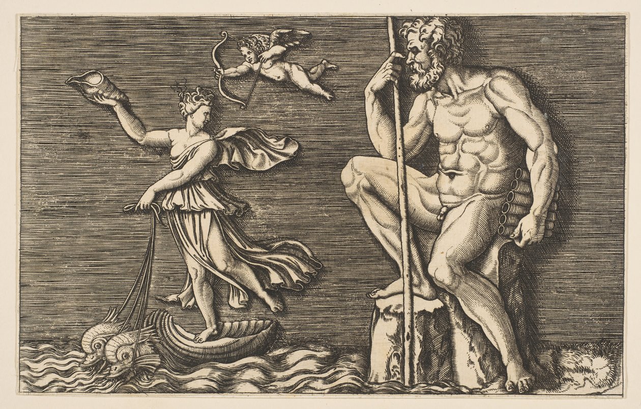 Galatea flyr Polyphemus, han sitter på en sten med en stav och rör och..., ca. 1515-1600. av Unbekannt