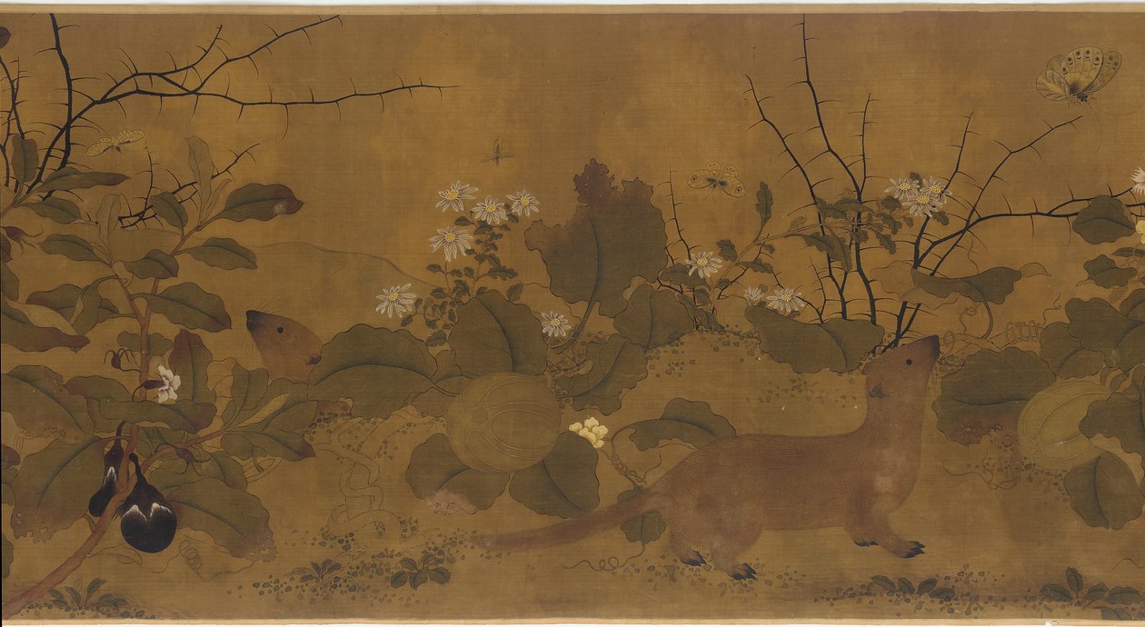 Trädgårdsscen: meloner, äggplantor, blommor och två vesslor, 1368-1644. av Unbekannt