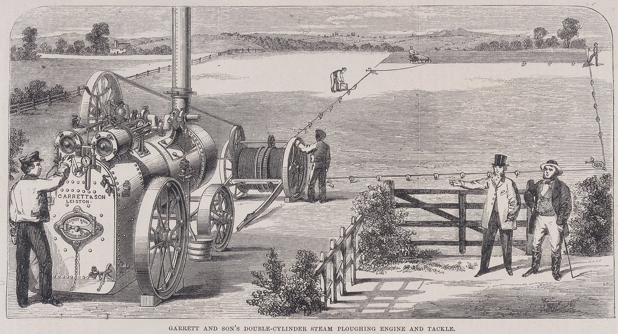 Garrett & Sons dubbelcylindrig ångplogningsmotor och redskap, c1862 av Unbekannt