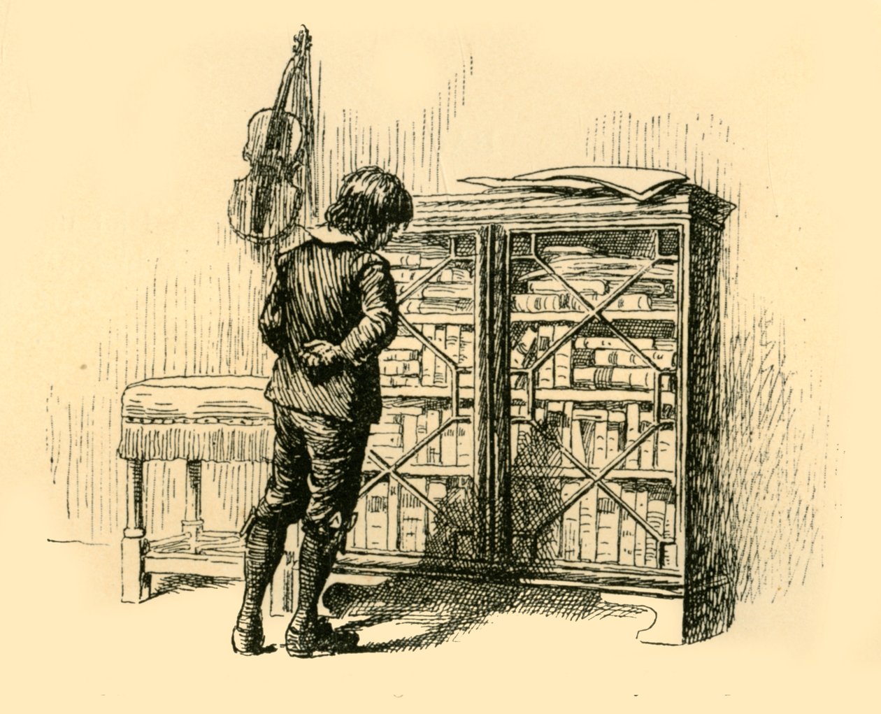 Tittar på dess omslag genom gallerdörrarna på skåpet, 1907. av Unbekannt