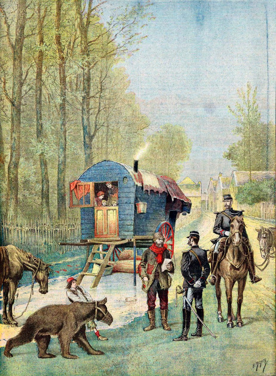 Gendarmer som tar folkräkningsformulär till ett läger av ambulerande zigenare i sin husvagn, 1895 av Unbekannt