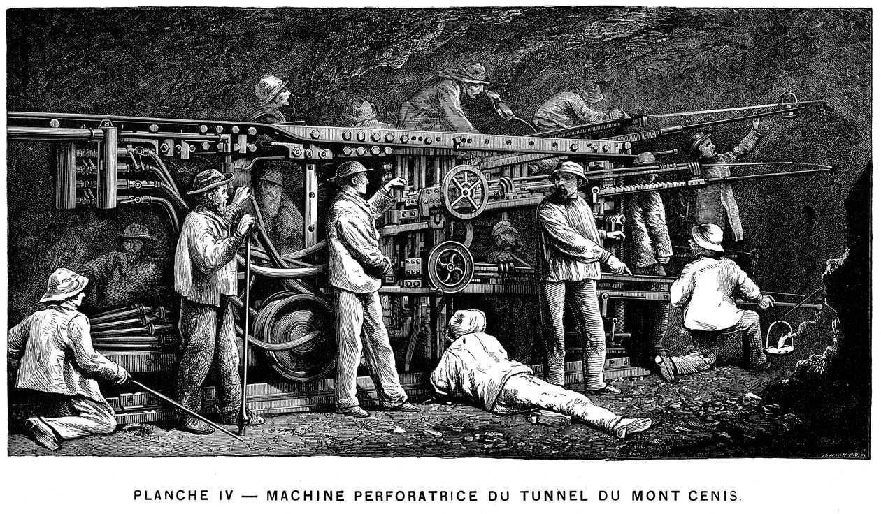 Germain Sommeillers tryckluftsborr som användes vid utgrävning av Mont Cenis-tunneln, 1874 av Unbekannt