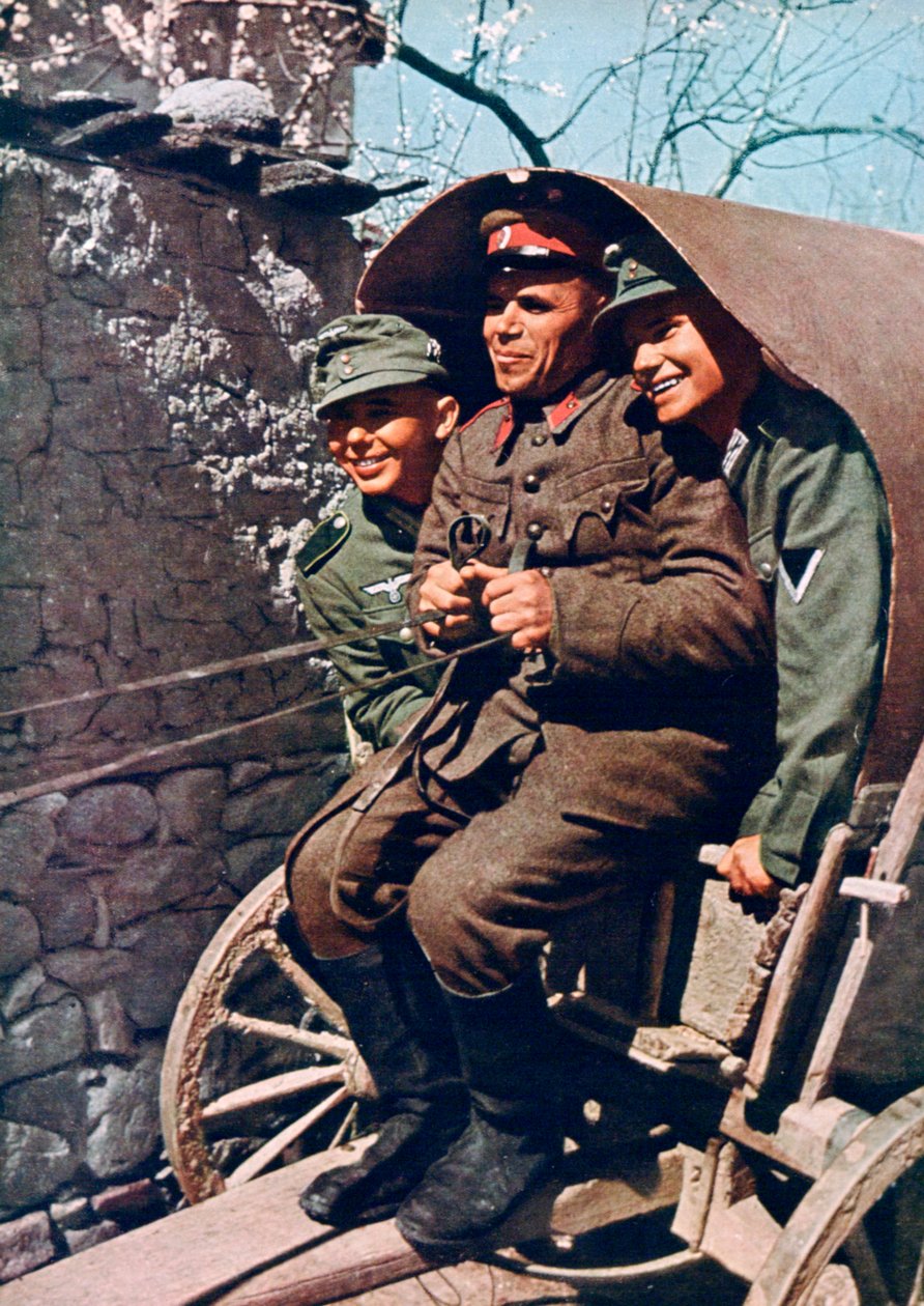 Tyska alpina trupper i en vagn med en bulgarisk soldat, Struma Valley, Bulgarien, 1941 av Unbekannt