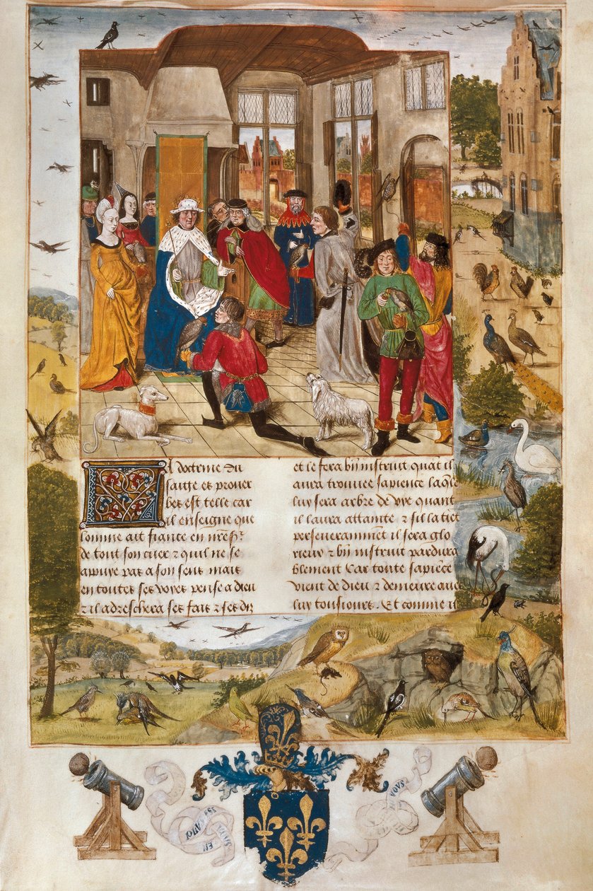 Tyske kejsaren Fredrik II av Hohenstaufen omgiven av falkejägare, miniatyr. av Unbekannt
