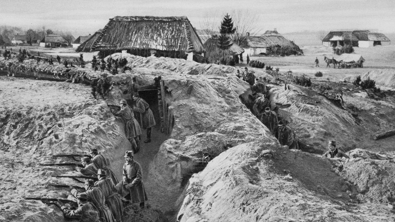 Tyskt infanteri i skyttegravar vid Jasionna, Polen, första världskriget, 1915 av Unbekannt