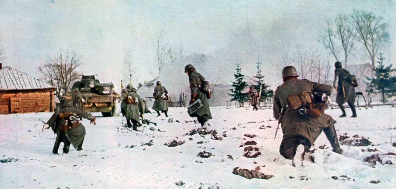 Tyska infanterister följer en stridsvagn mot Moskva i snön, Ryssland, 1941 av Unbekannt
