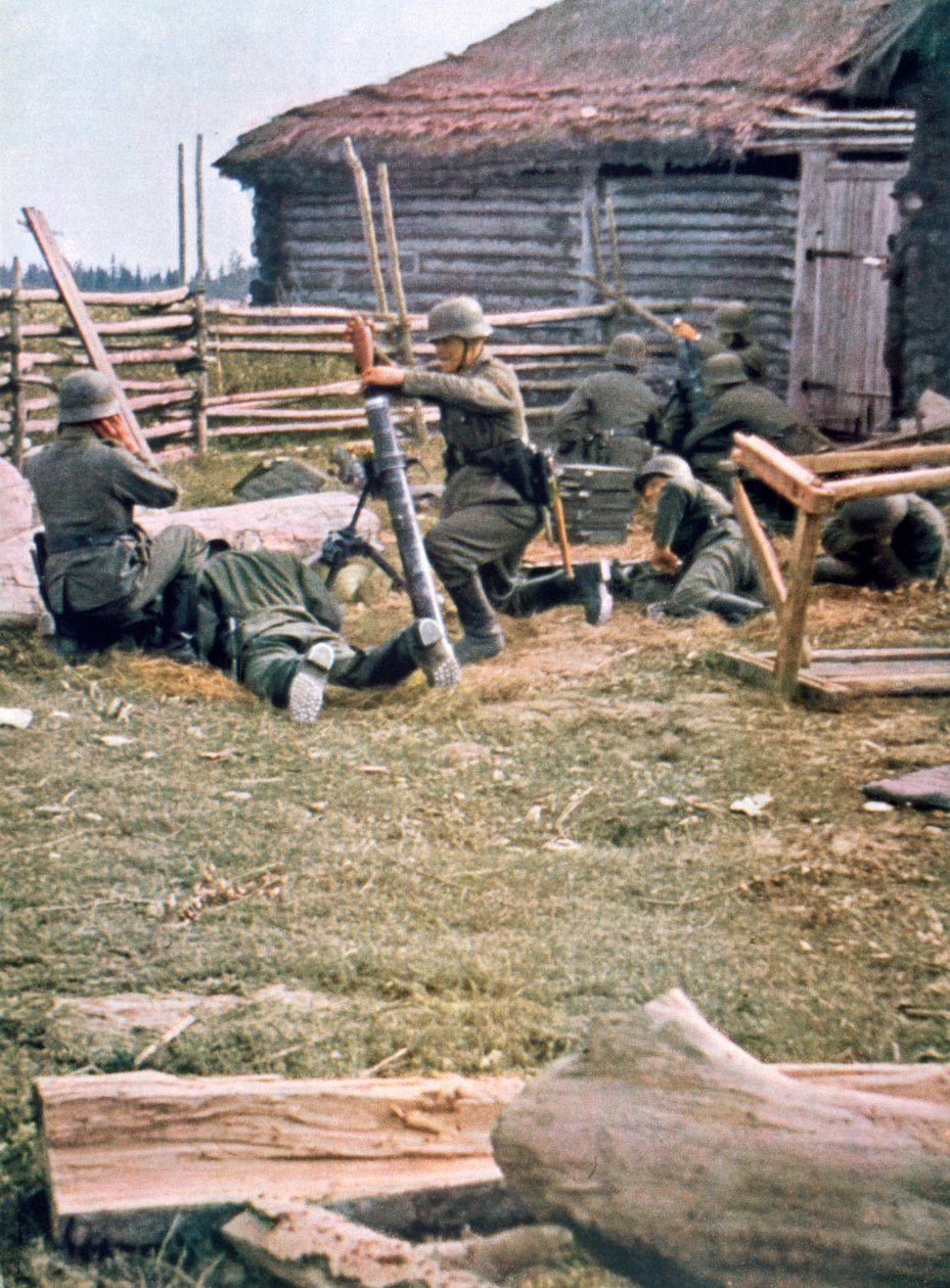 Tyska fallskärmsjägare använder mortlar, Ryssland, 1943 av Unbekannt