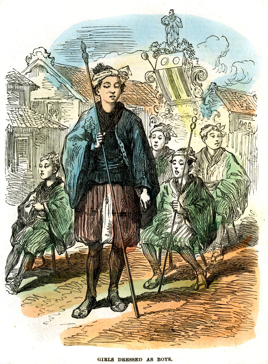Flickor utklädda till pojkar, nyårsfestivalprocession i Yokohama, Japan, 1872 av Unbekannt