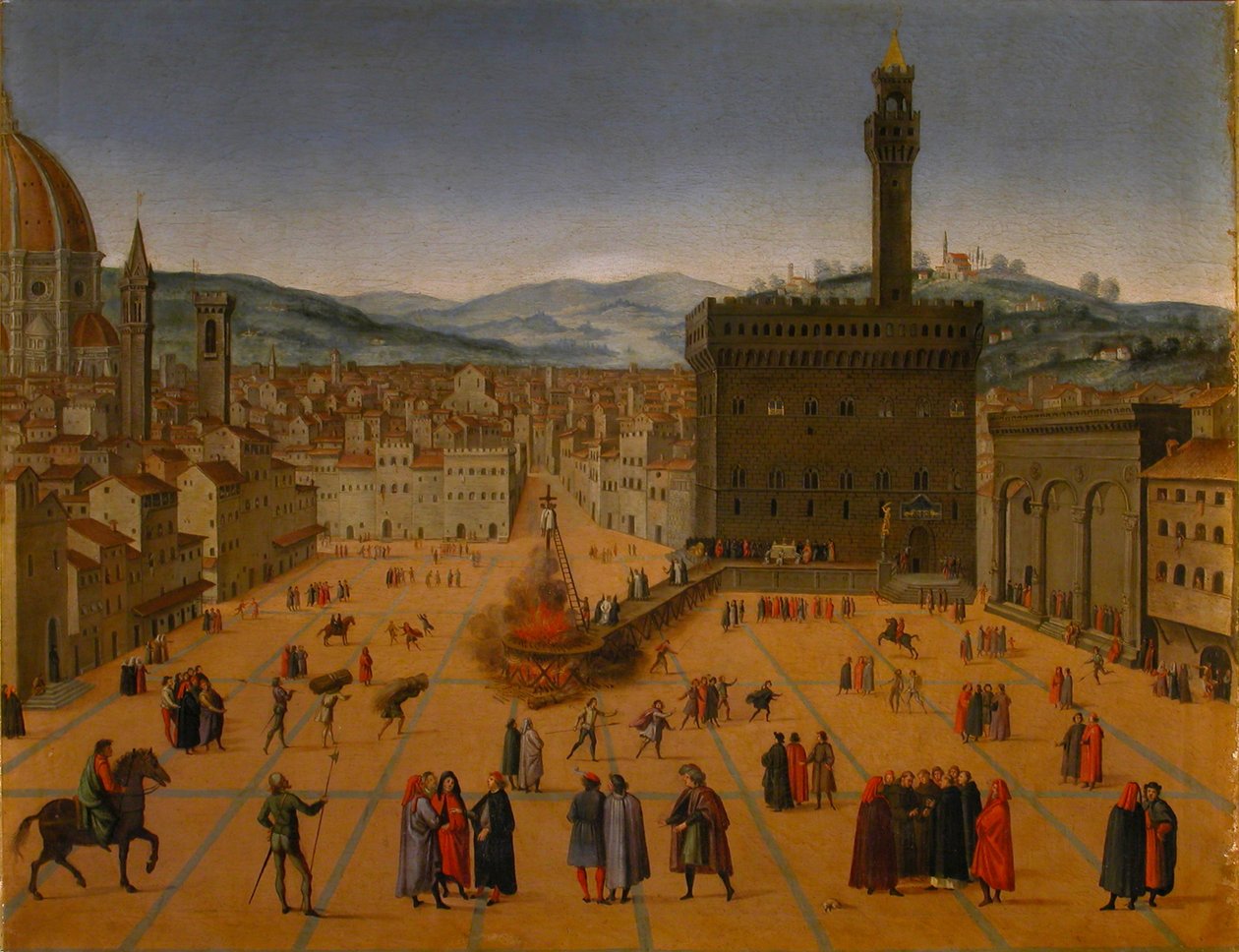Girolamo Savonarolas avrättning på Piazza della Signoria i Florens 1498, tidigt 1600-tal. av Unbekannt