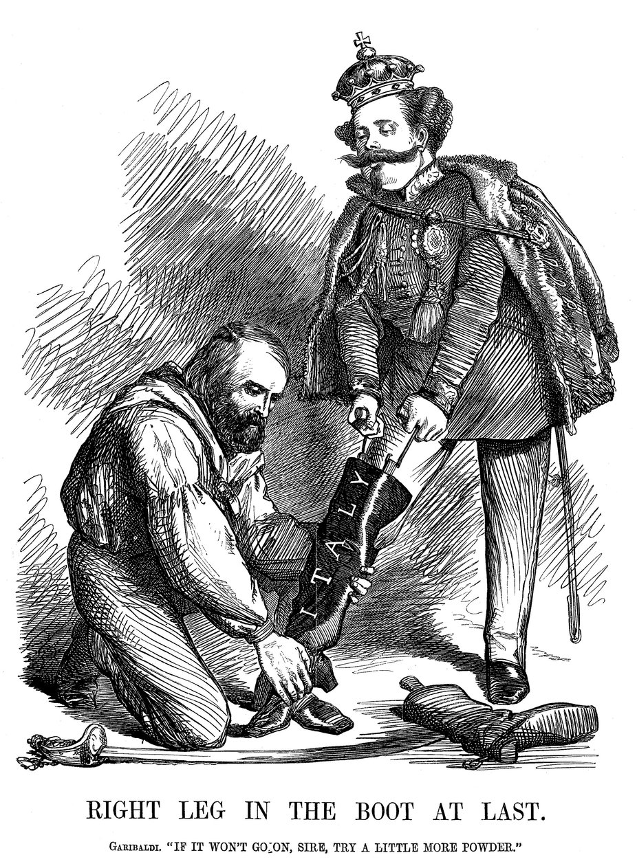 Giuseppe Garibaldi hjälpte Victor Emmanuel II att ta på sig Italiens stövel, 1860 av Unbekannt