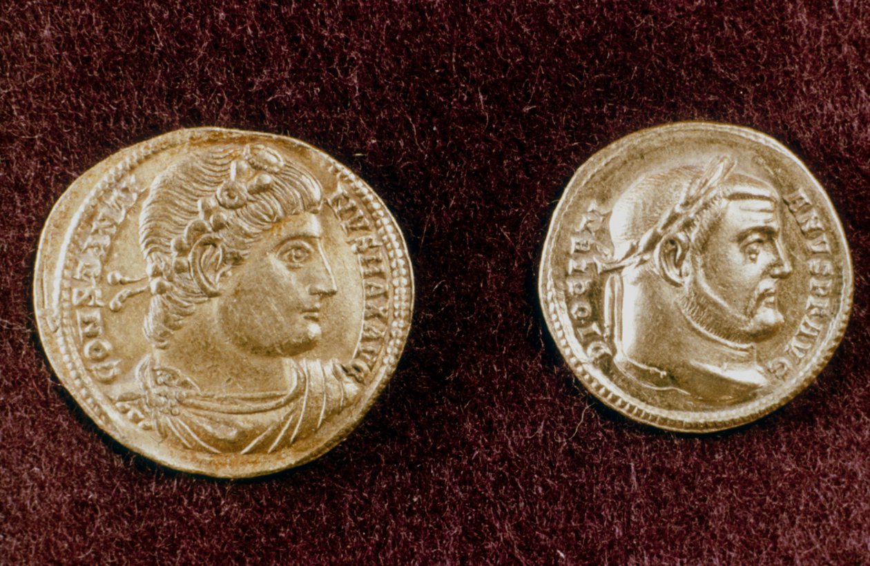 Guldmynt som visar huvuden av de romerska kejsarna Konstantin den store och Diocletianus, 300-talet av Unbekannt