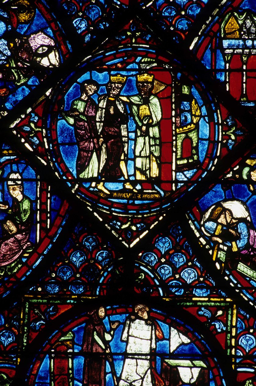 Gotisk arkitektur. Histoire de Charlemagne (detalj): Karl den Store (742-814) mottagen av Konstantin I, bysantinsk kejsare. Målat glas av norra ambulatoriet, absidial. Cathedrale de Chartres. av Unbekannt