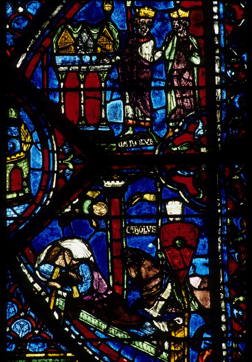 Gotisk arkitektur. Histoire de Charlemagne (detalj): Charlemagne (742-814) får 3 jakter (hög) och Vision of Constantine (I, kejsar Bysantinsk). Målat glas av norra ambulatoriet, absidial. Cathedrale de Chartres. av Unbekannt