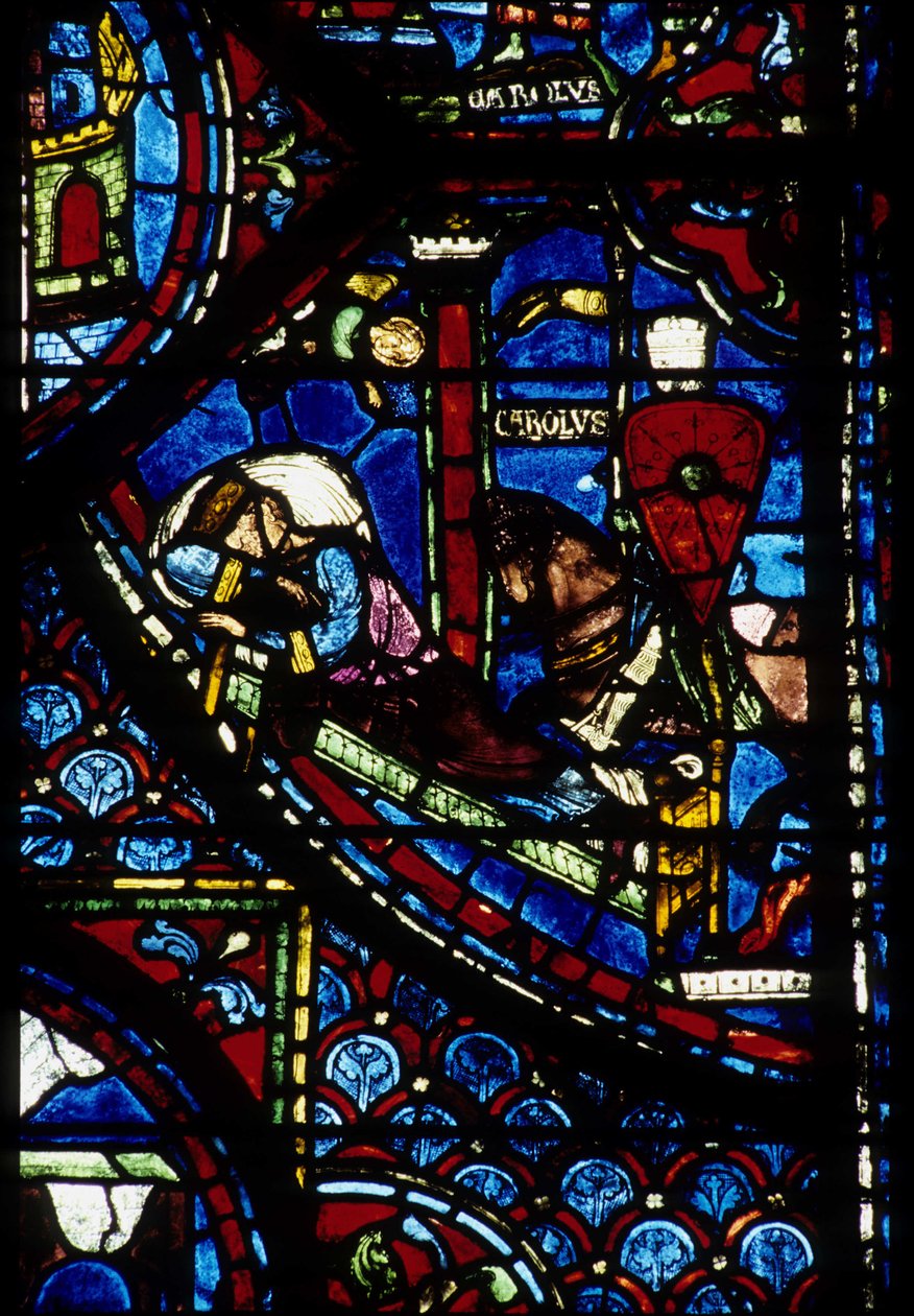 Gotisk arkitektur. Histoire de Charlemagne (detalj): Konstantins vision (I, kejsar bysantinsk). Målat glas av norra ambulatoriet, absidial. Cathedrale de Chartres. av Unbekannt