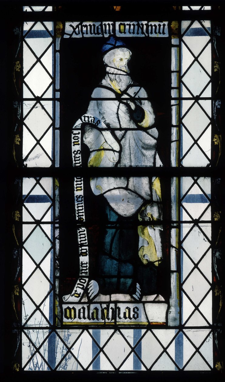 gotisk arkitektur. Målat glas som representerar profeten Malaki. Chapel of La Mailleraye, Abbatiale Notre Dame, Jumieges av Unbekannt
