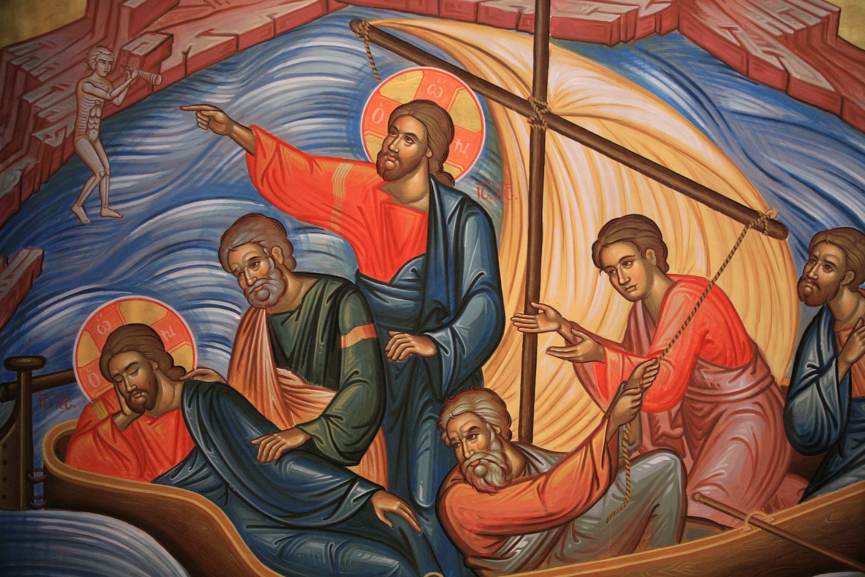 Grekisk-ortodox ikon som föreställer Jesus (visas två gånger) och hans apostlar vid Tiberiasjön Thessalonique Grekland av Unbekannt