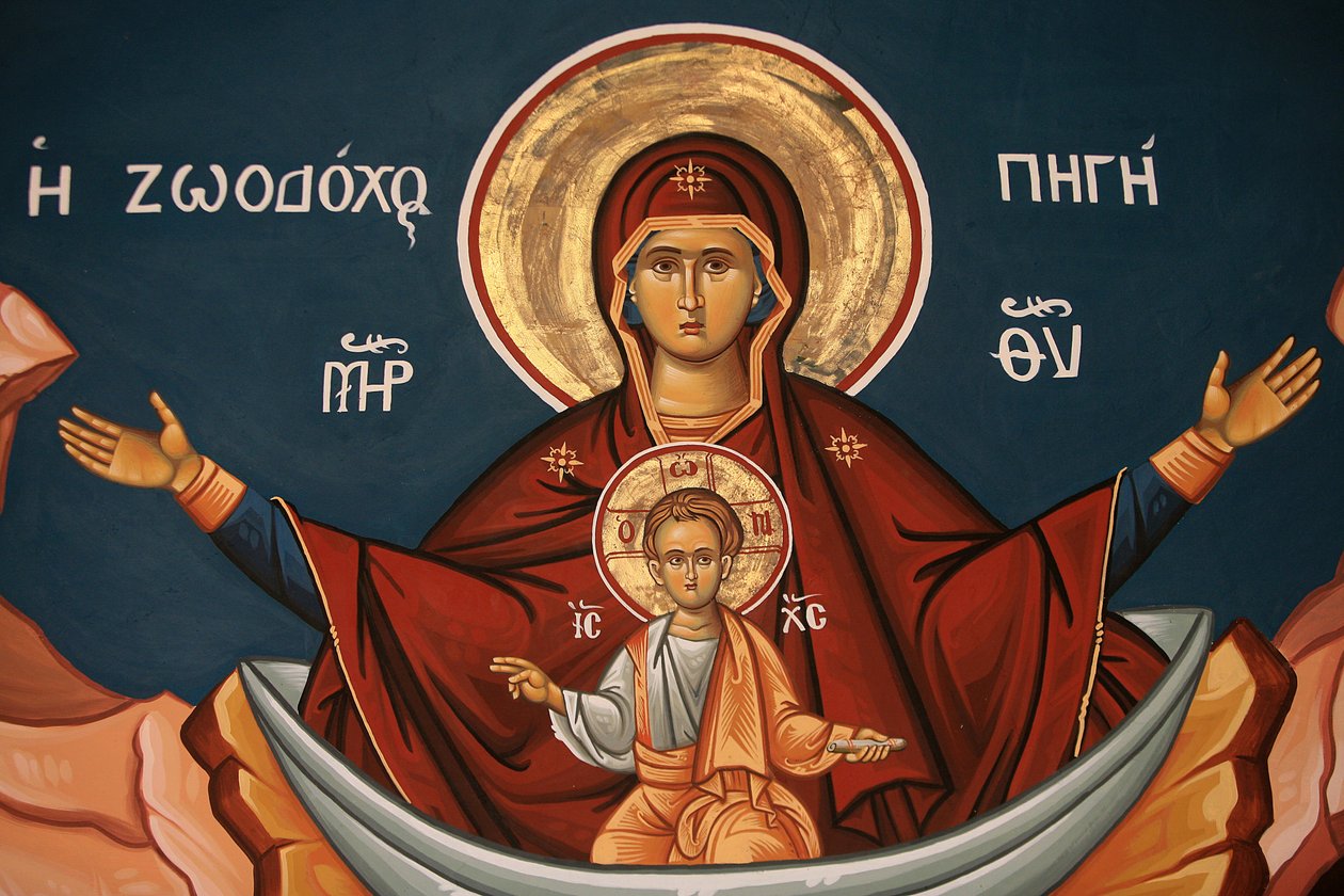Grekisk-ortodox ikon som visar Maria som en livsbrunn Thessalonique Grekland av Unbekannt
