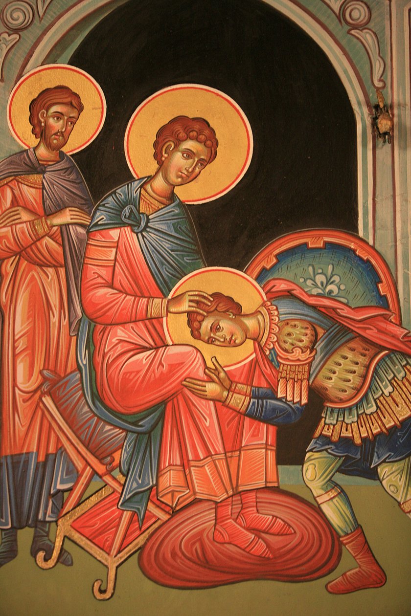 Grekisk-ortodox ikon som föreställer Saint Nestor och Saint Dimitrios Thessalonique Grekland av Unbekannt