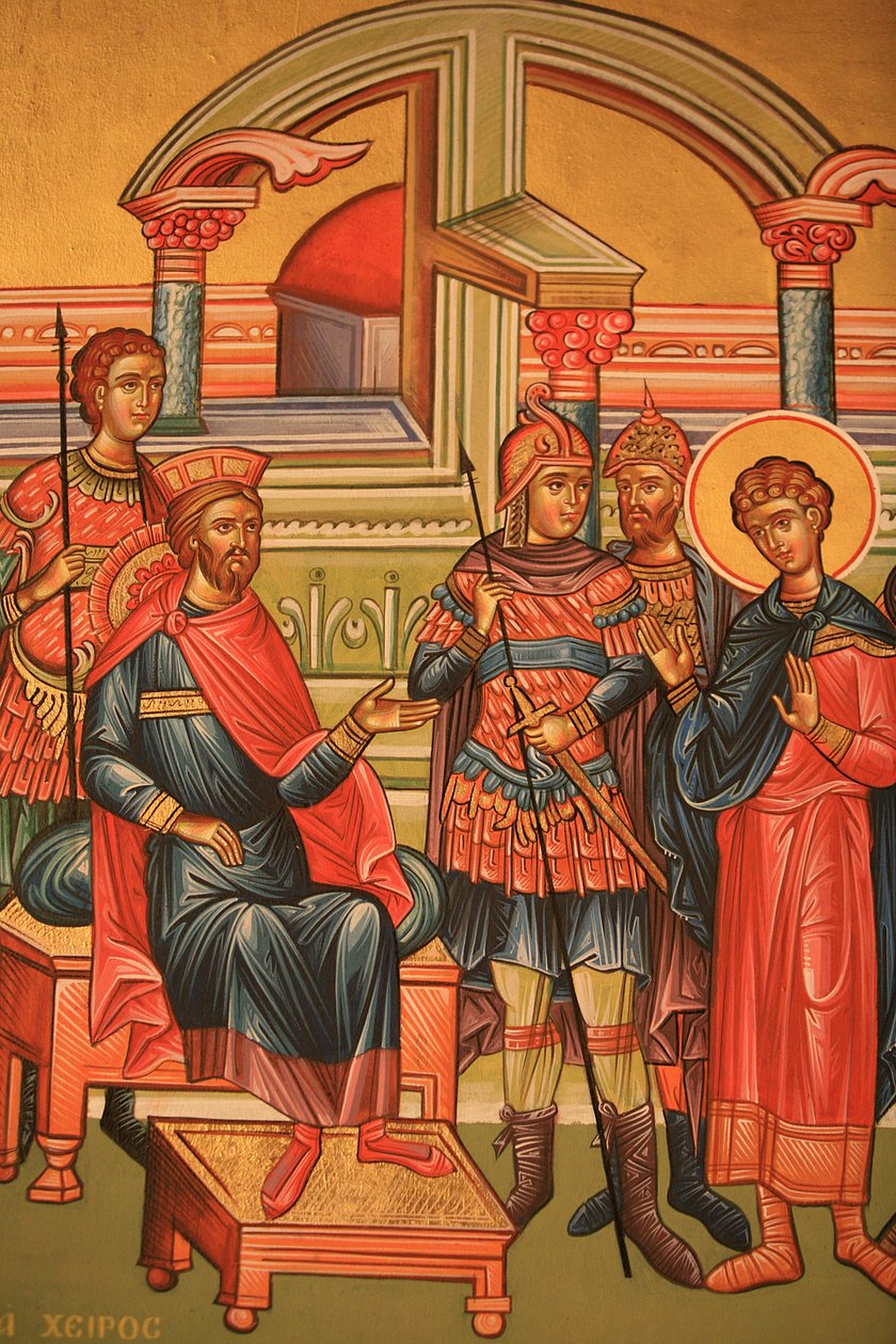 Grekisk-ortodox ikon som föreställer en martyr med en romersk guvernör Thessalonique Grekland av Unbekannt