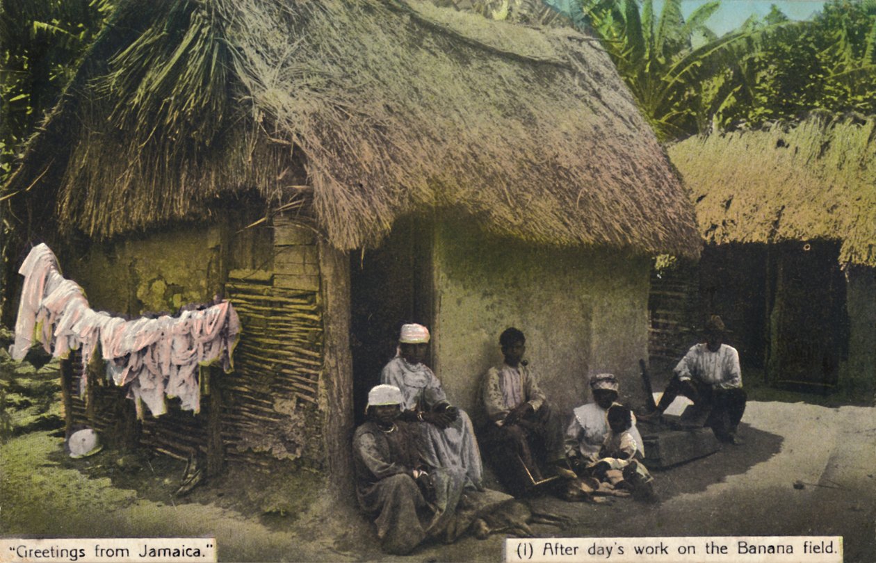 Hälsningar från Jamaica. 1 Efter dagars arbete på bananfältet, tidigt 1900-tal. av Unbekannt