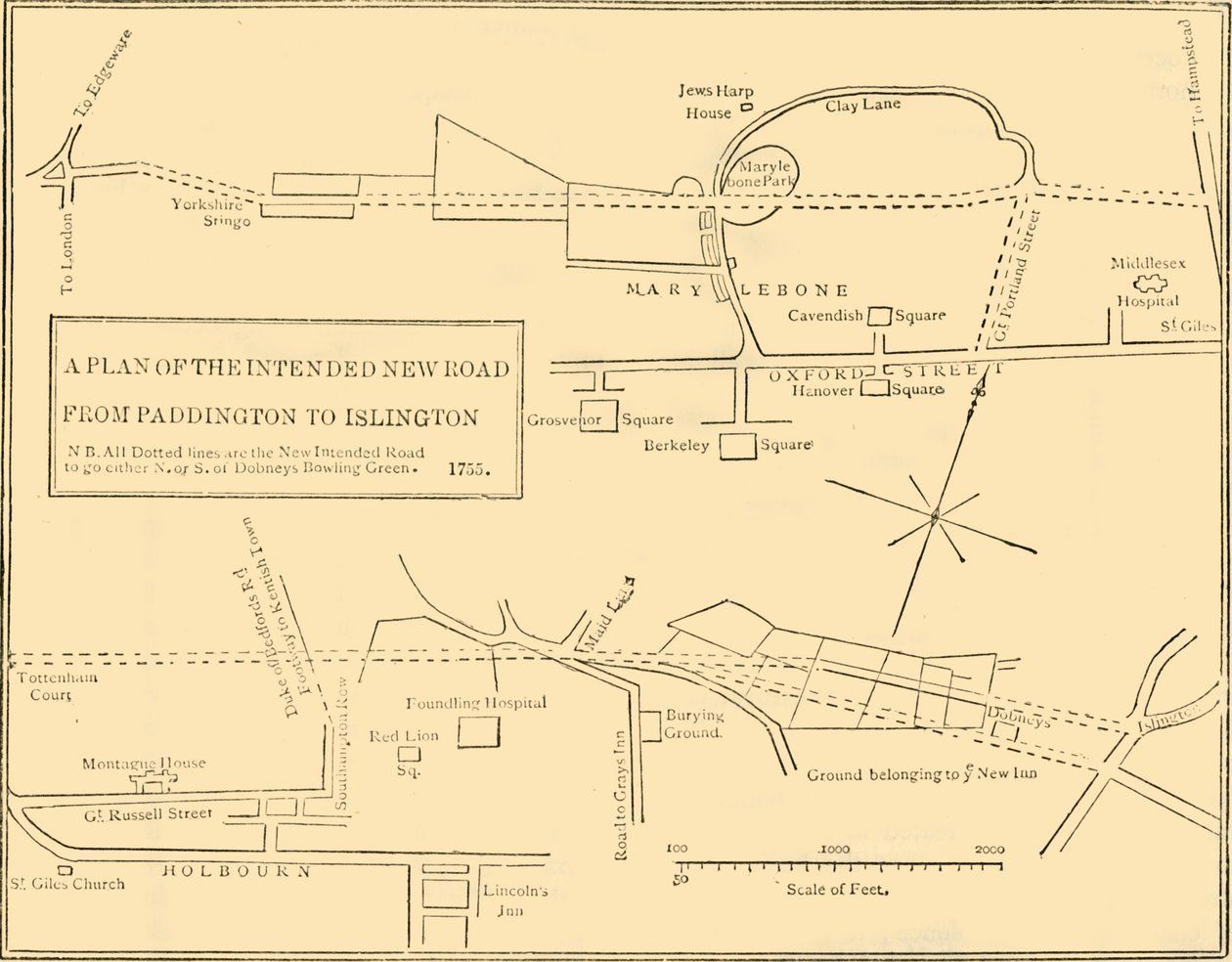 Grundplan för New Road från Islington till Edgware Road, 1755, c1876. av Unbekannt