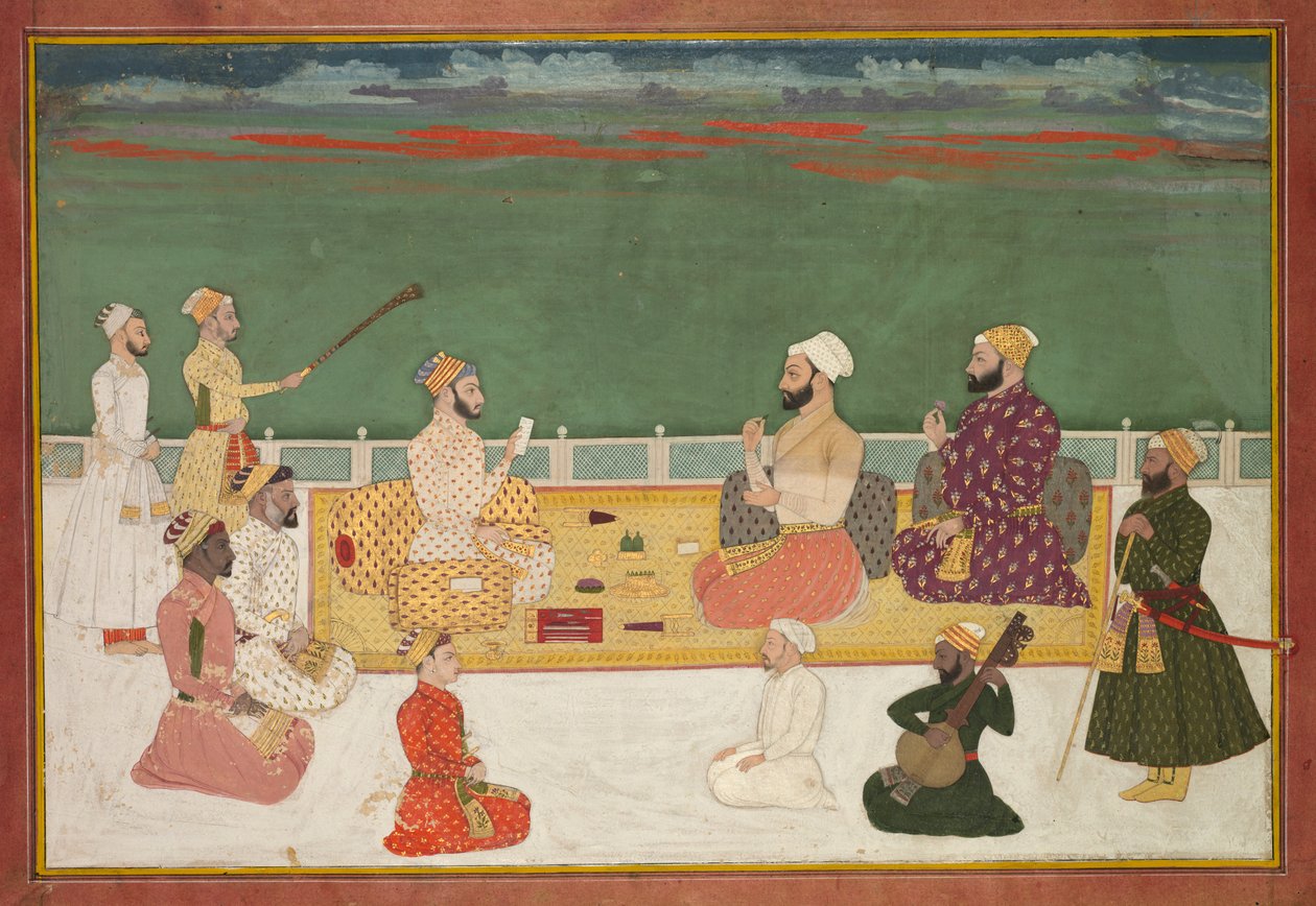 Gruppporträtt av Rajas omgiven av det höviska följet, ca. 1700-20. av Unbekannt