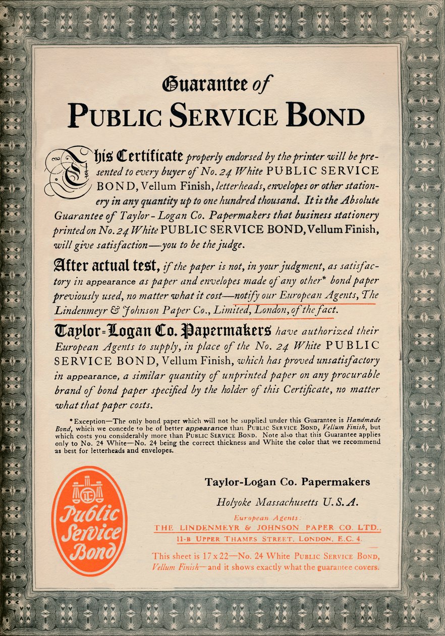 Garanti för public service obligation - Taylor-Logan Co. Papermakers annons, 1919 av Unbekannt