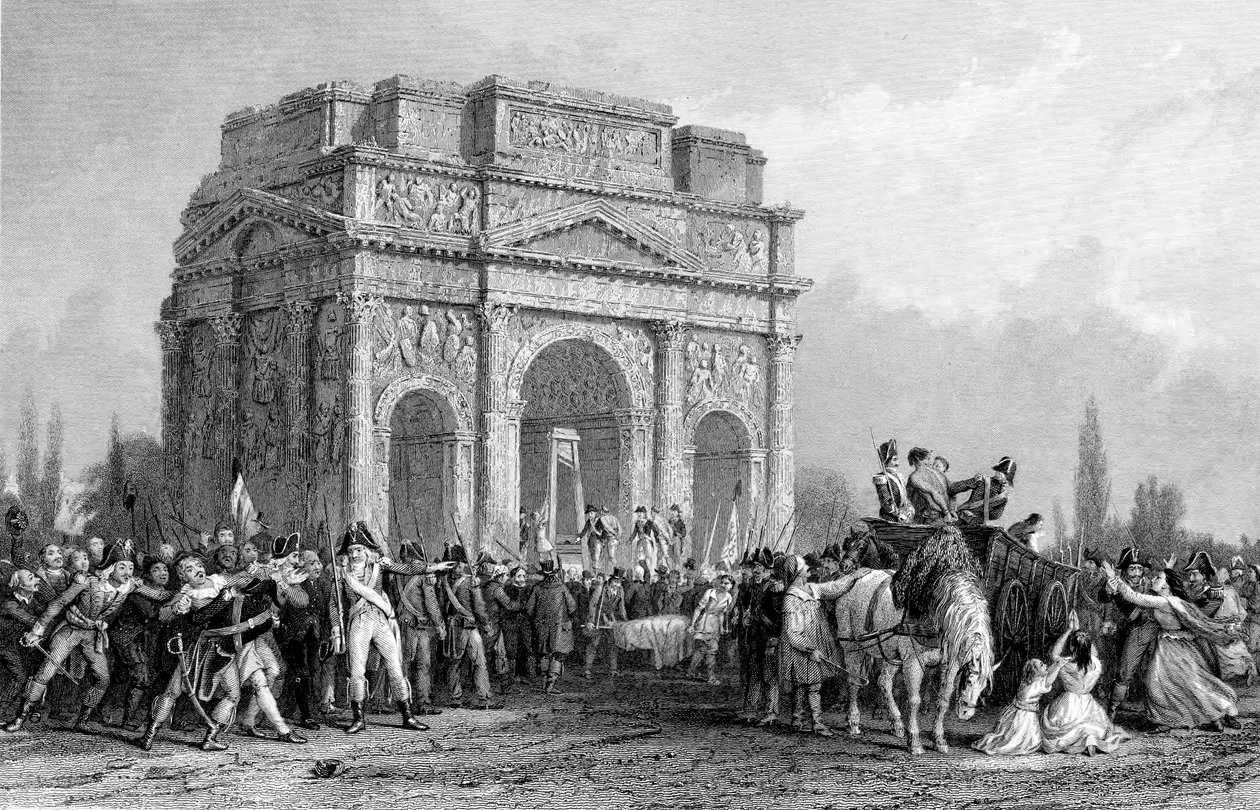 Giljotin uppsatt under Marius båge i Orange, Frankrike, franska revolutionen, 1793-1794 av Unbekannt